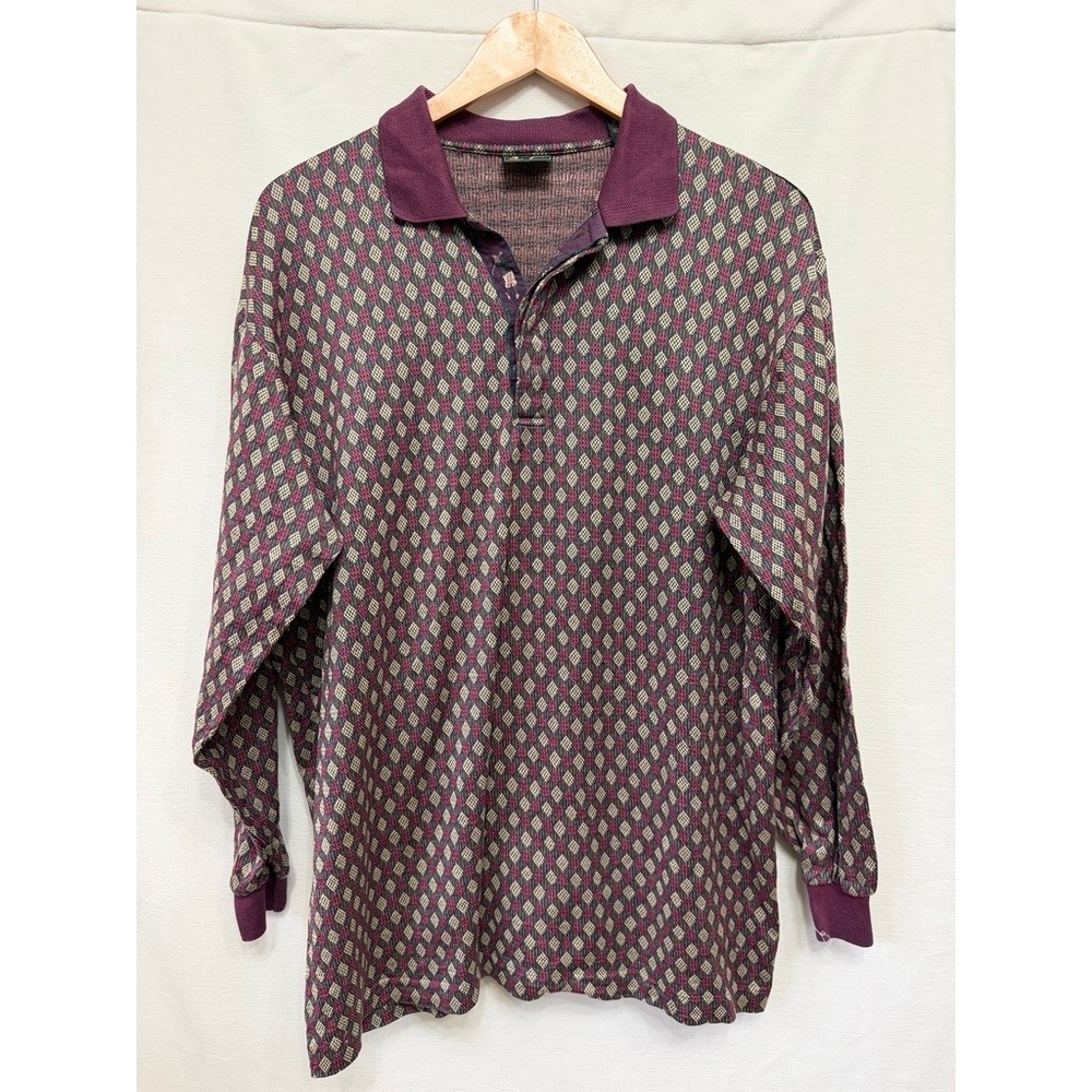 Bobby Jones Vintage Geometric Long Sleeve Polo Men L Burgundy Golf Grandpa Retro